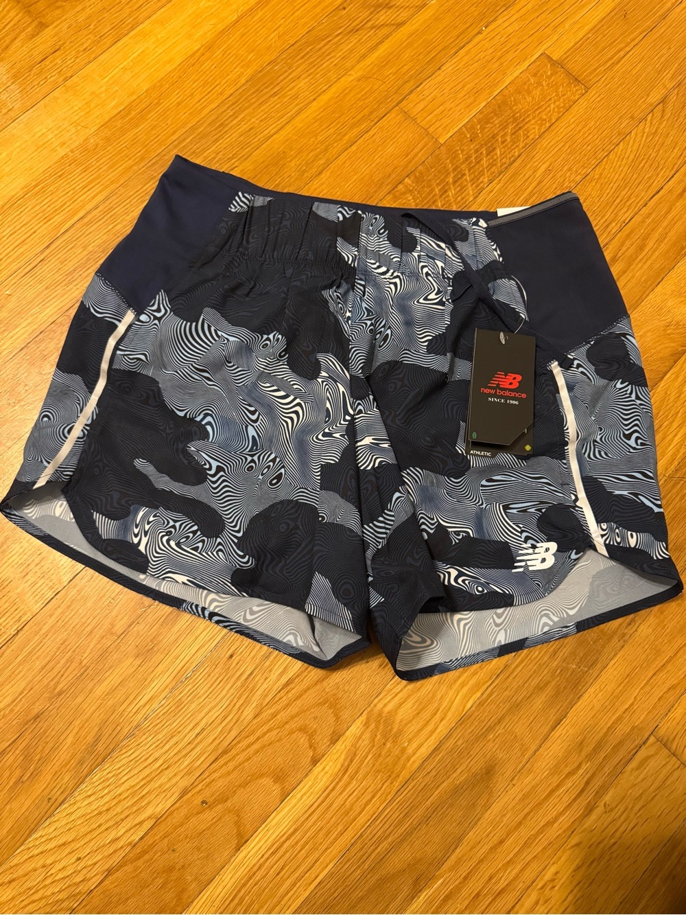 New Balance Women’s Navy and Light Blue Swirl Athletic Shorts - Picture 1 of 5